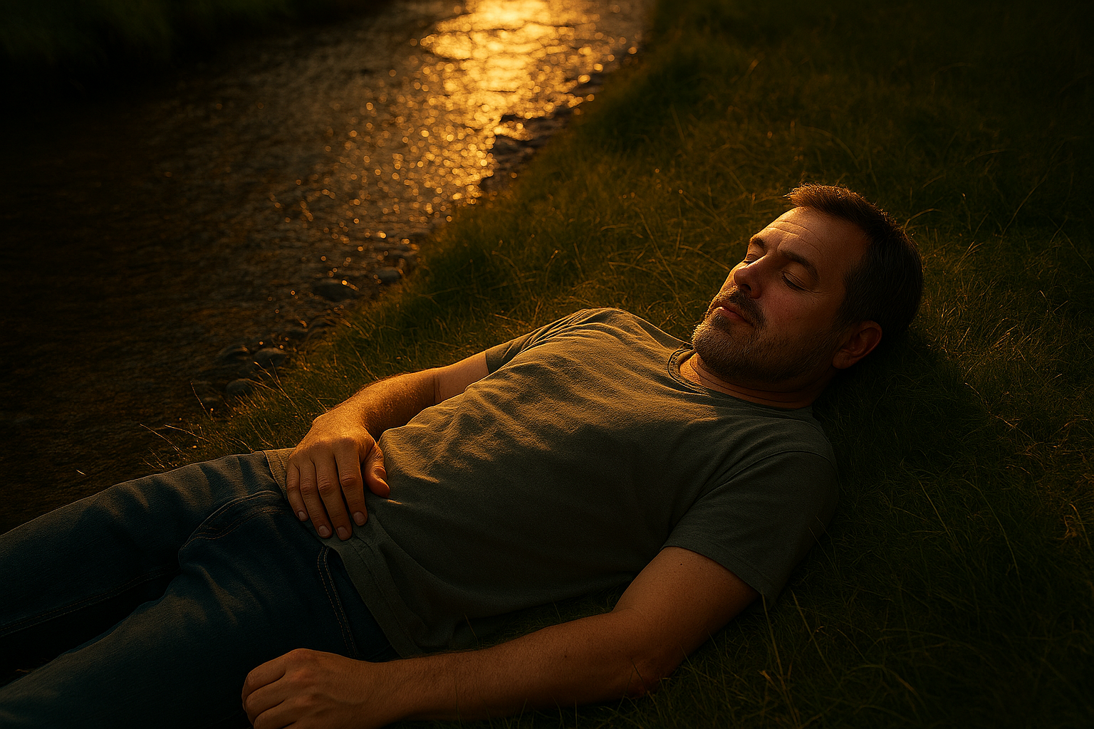 A forty-three-year-old man lies asleep in the grass by a sunlit stream.
