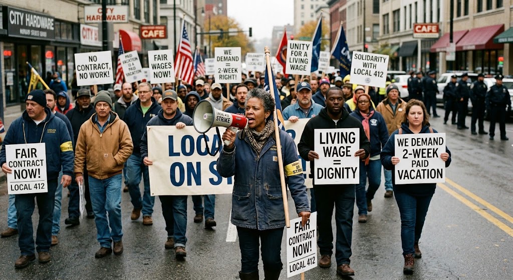 A peaceful labor demonstration on a small-town street led by a 49-year-old woman holding a megaphone.