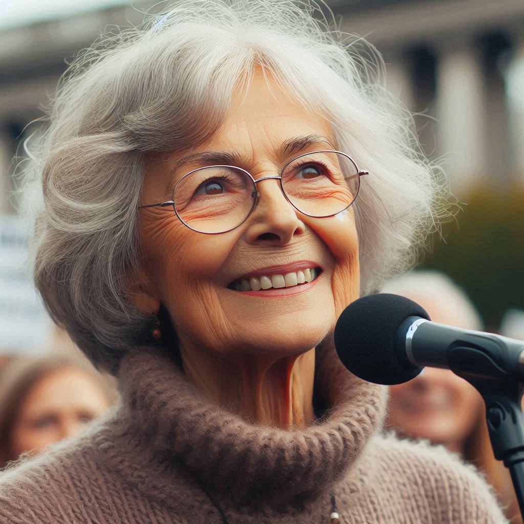 An elderly woman at a microphone making a speech