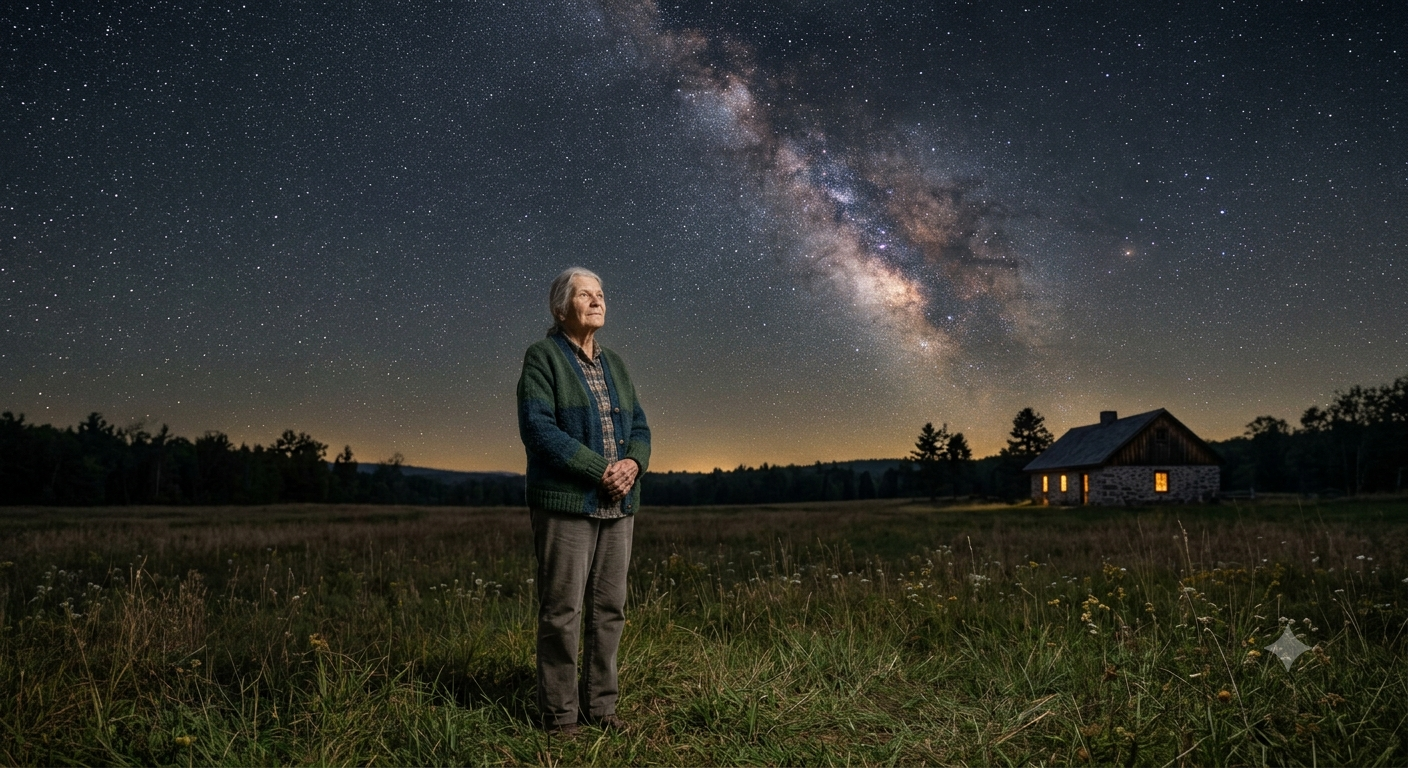 An elderly woman stands in an open field looking at a night sky filled with stars.