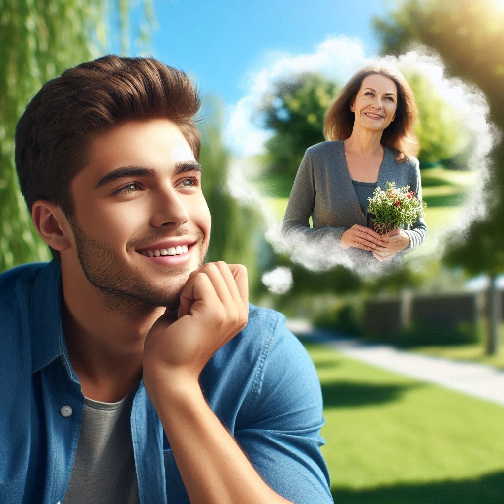 A young man sitting in a sunlit park imagining his mother.