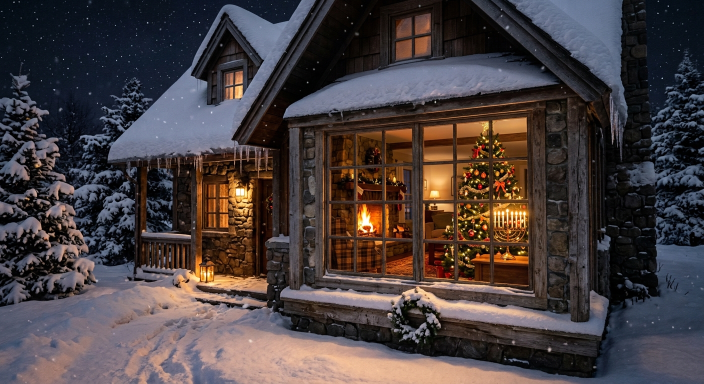 Through a window on a snowy night we see a room warmed by a fire in the fireplace and both a menorah with all candles burning and a decorated Christmas tree.