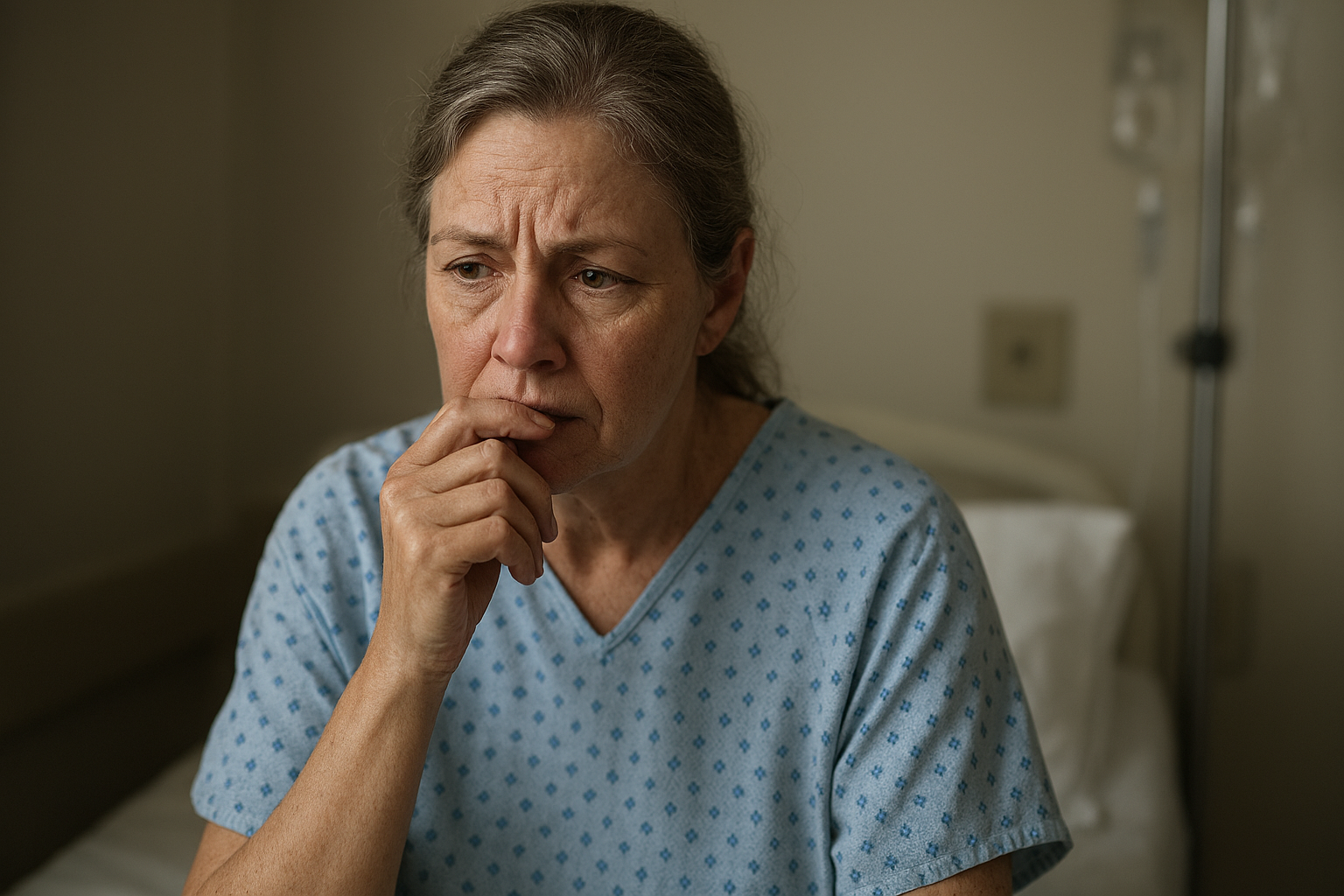 A middle-aged woman sits up in her hospital bed, pondering a difficult decision.