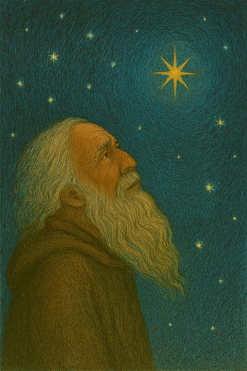 An old man in a monk's cassock looks up at a starry sky.