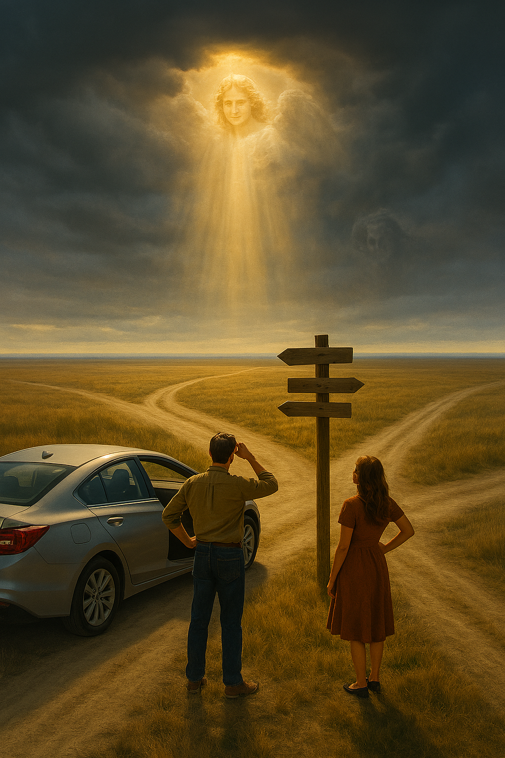 A couple stands next to their car at a crossroads on a flat plain with an angel's face peeking through clouds.