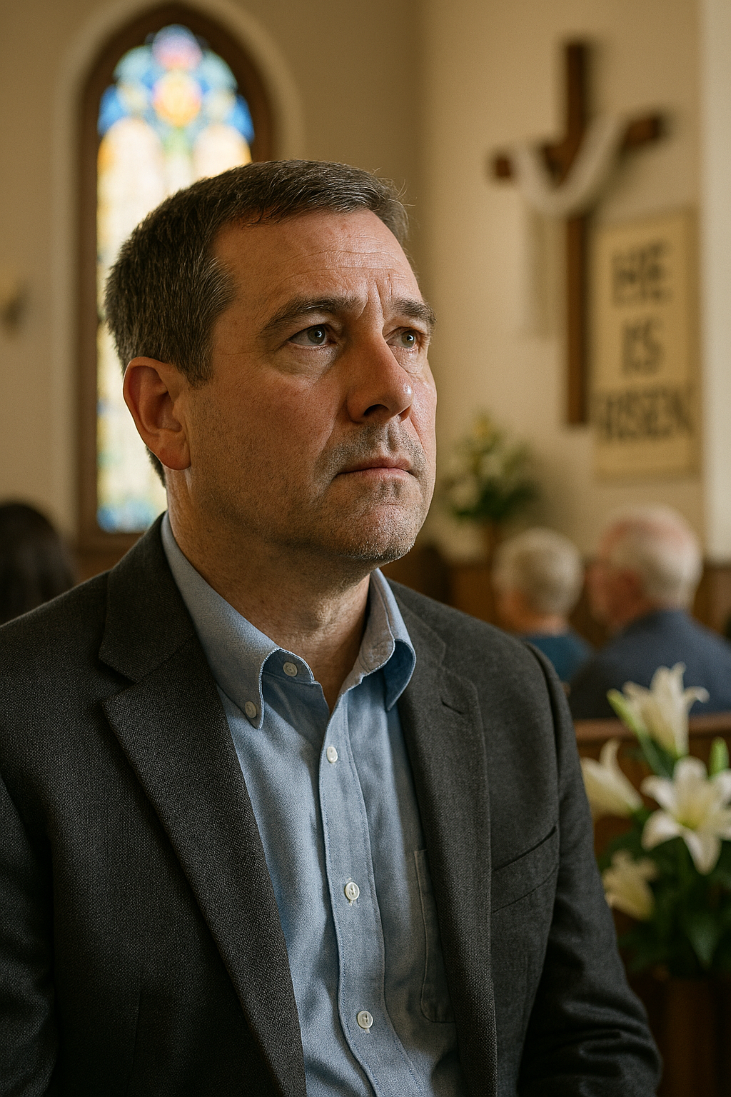 A man sitting in church, back to the congregation, looking a bit troubled and unsure.