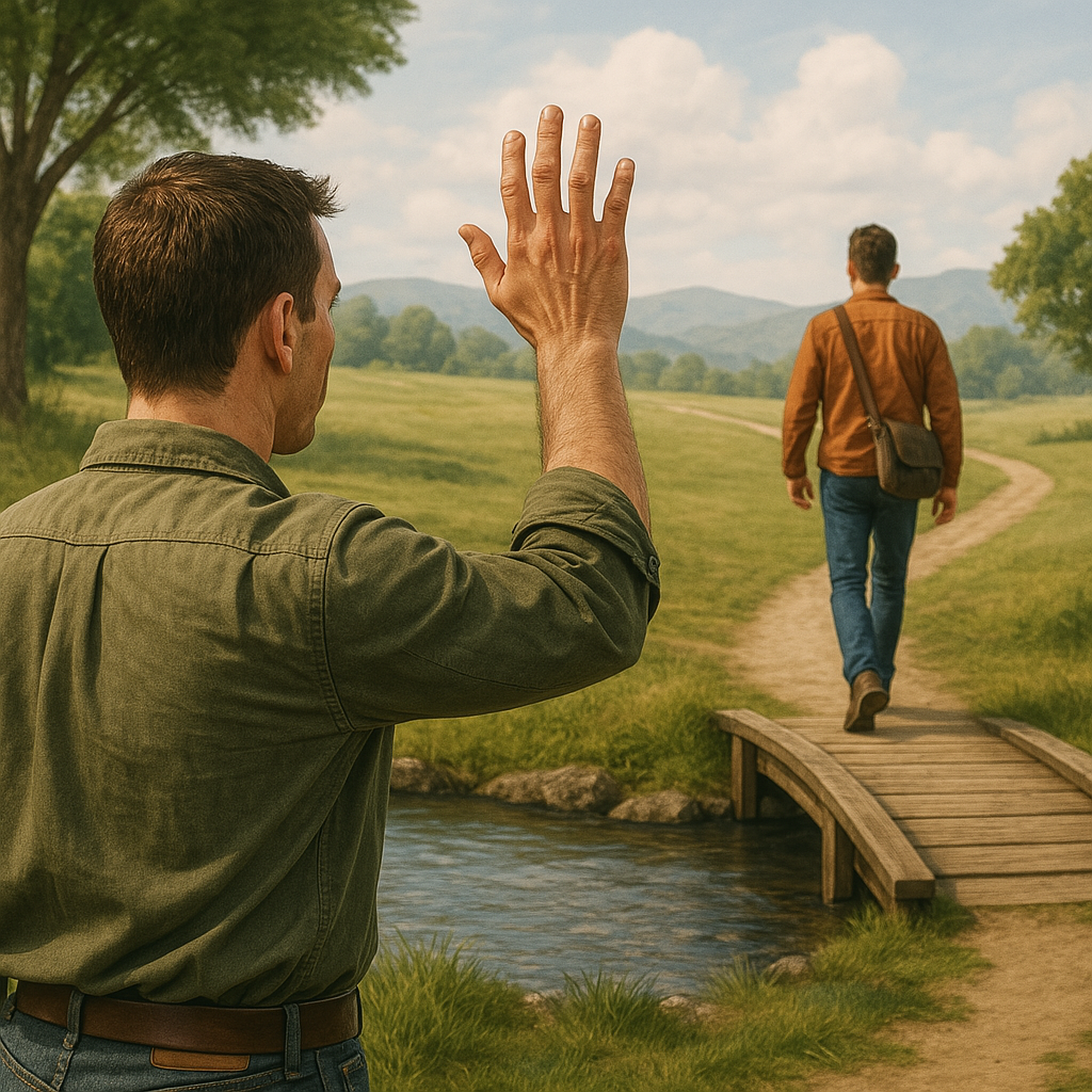 A man waves to a friend who is walking away on a path on the other side of a stream.