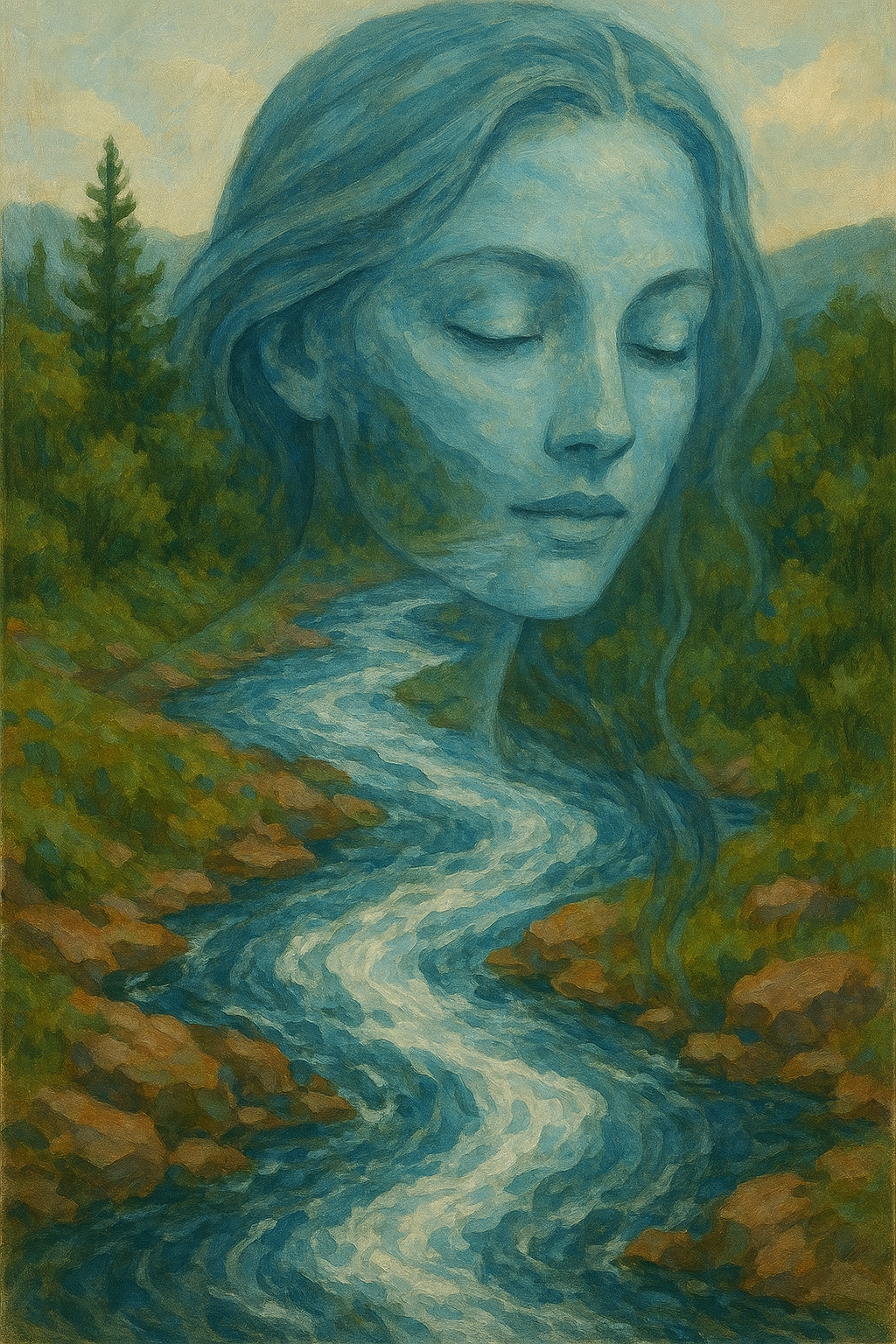 A transparent woman's neck and head imposed over a river flowing out of mountainous woods.