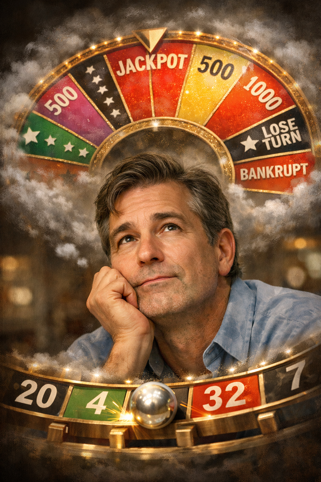 A man is imagining a wheel of fortune above his head with the steel ball bouncing around numbers beneath his chin, which is resting on his hand.