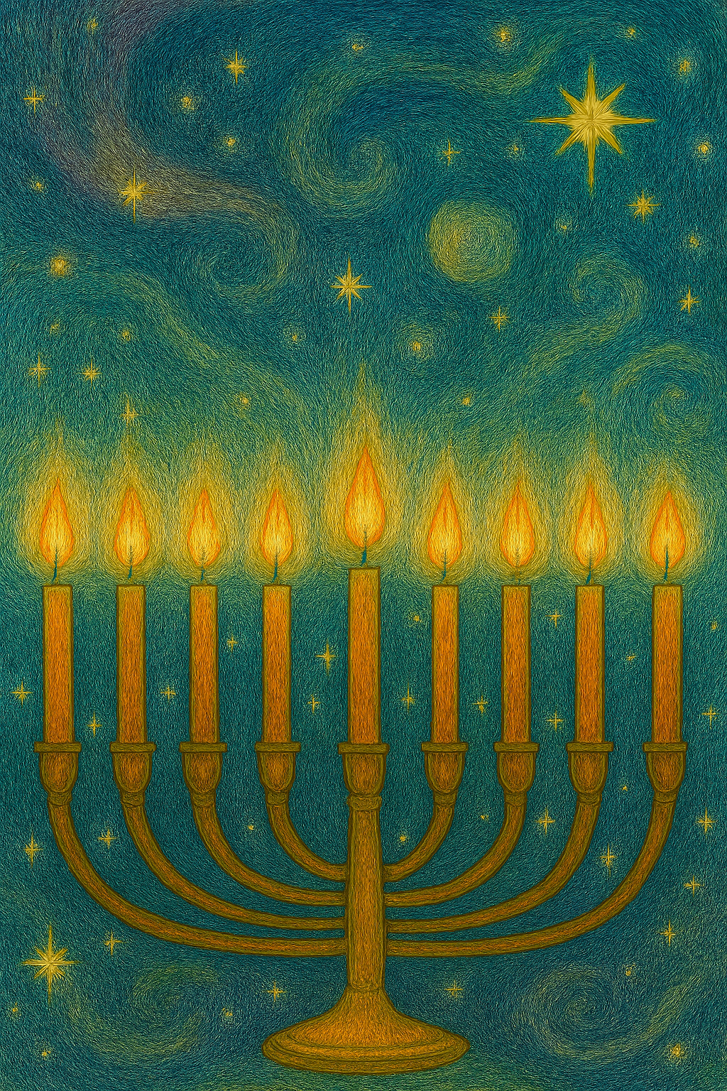 A lighted menorah in front of a starry sky.