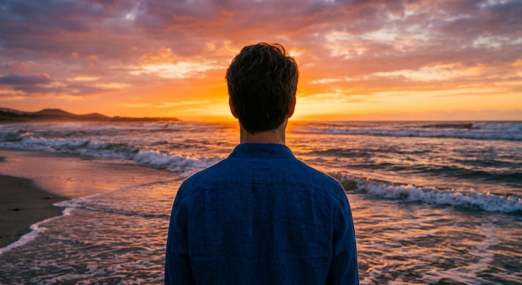 Standing on a beach with his back to us is a young man watching a sunset over the ocean.