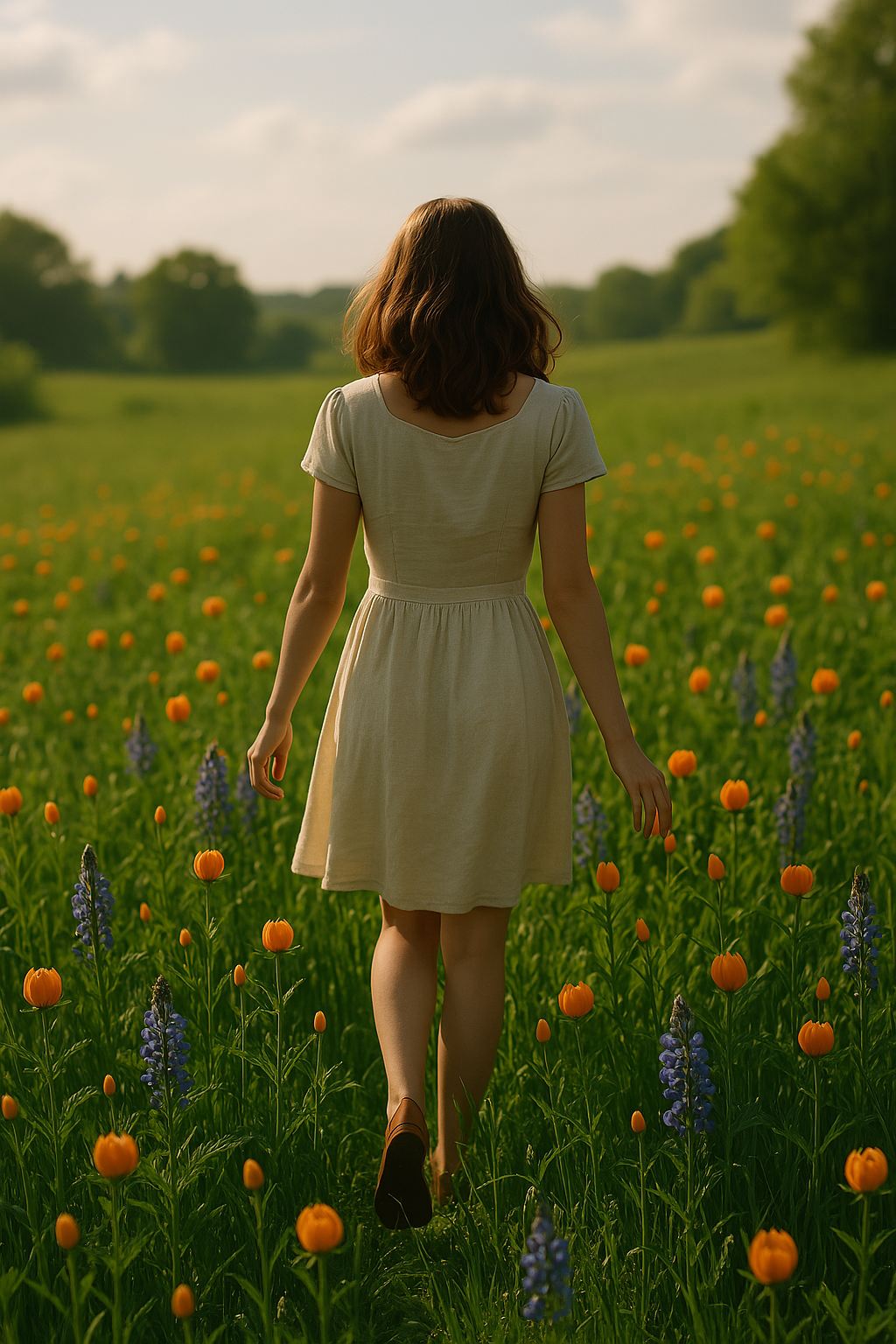 A young woman turned towards a green field full of wildflowers.