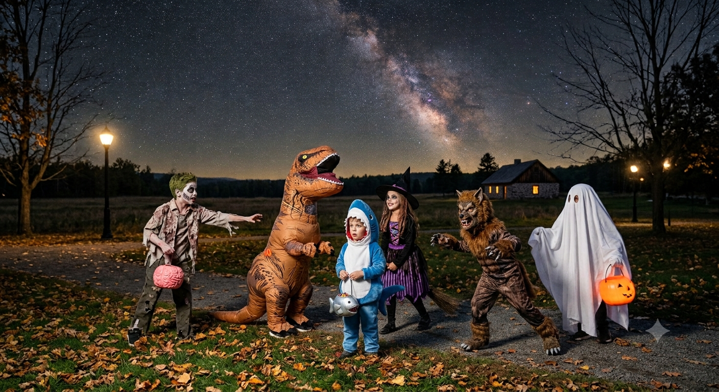Children at evening in Halloween costumes in a local park: a ghost, a dinasaur, a witch, a shark, etc.