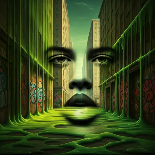 The outline of a face over an urban background.