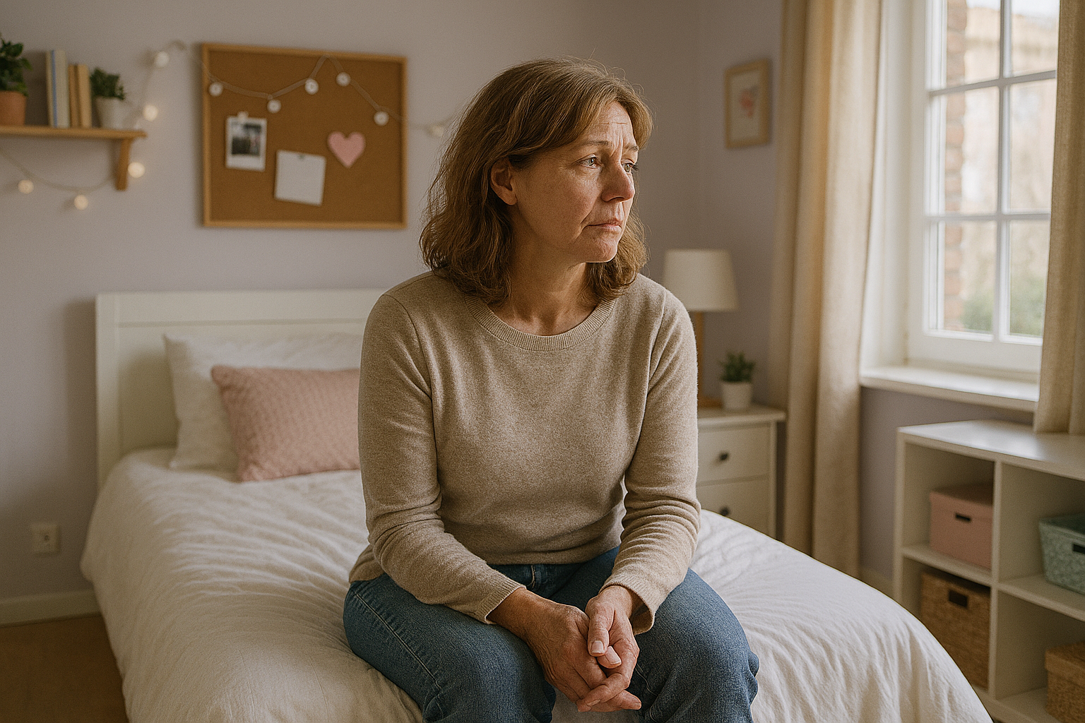 A late-middle-aged woman sits on her daughter's bed with an sorrowful facial expression.