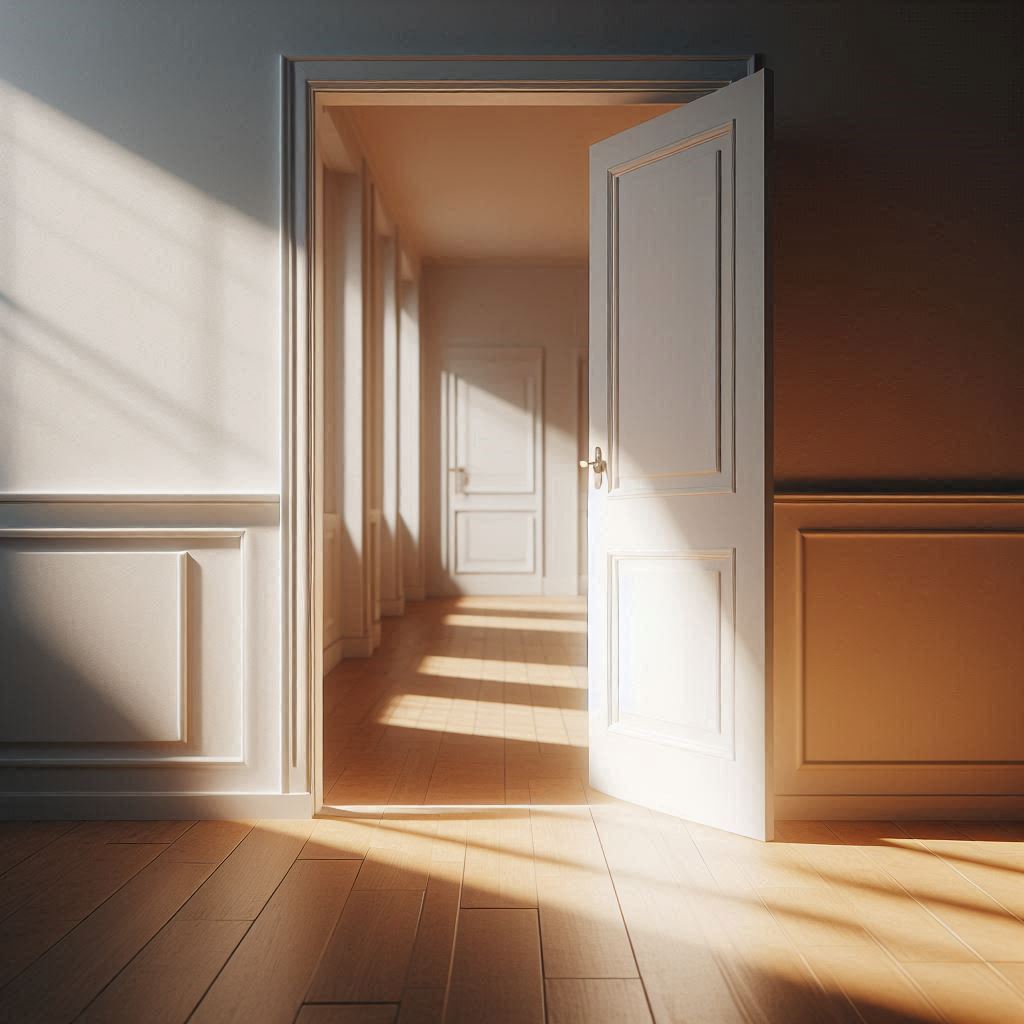 An empty room with an open door leading to an empty hallway