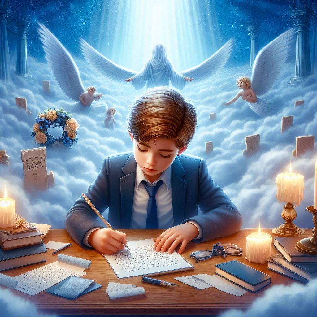 Boy in Heaven writing letter to a friend