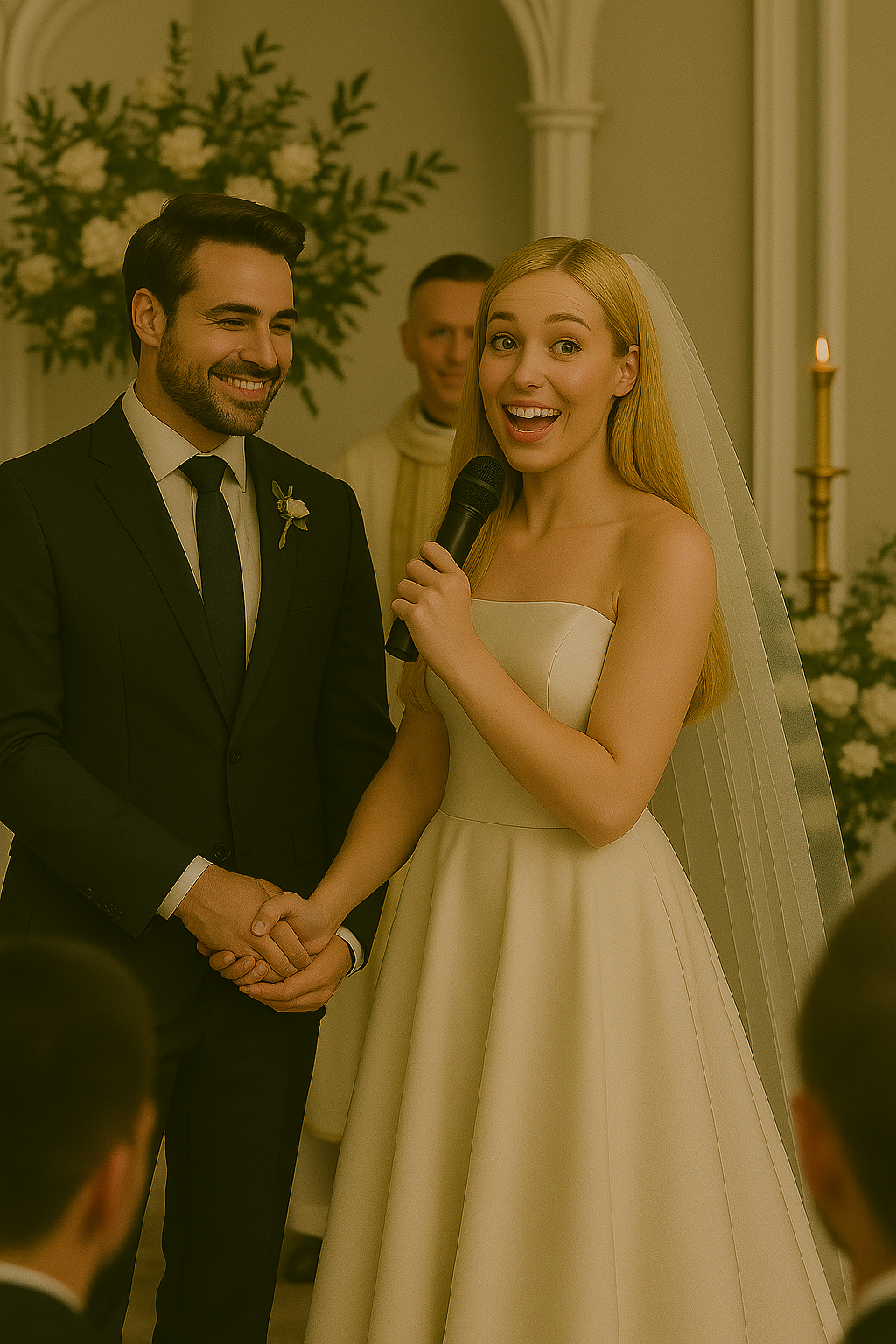 A bride and groom at the altar but facing the audience. The bride has a microphone and is speaking.