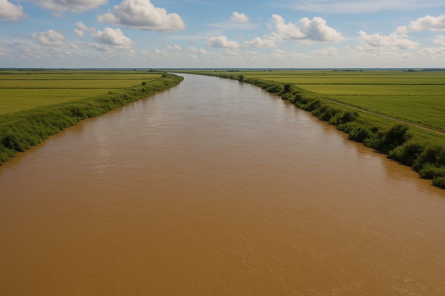 A broad, muddy river flows through a flat, green landscape.