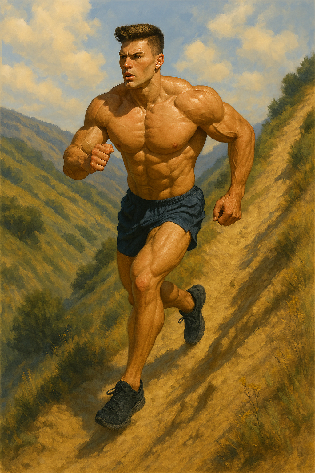 A young man jogging on a rough mountain trail in hilly country.