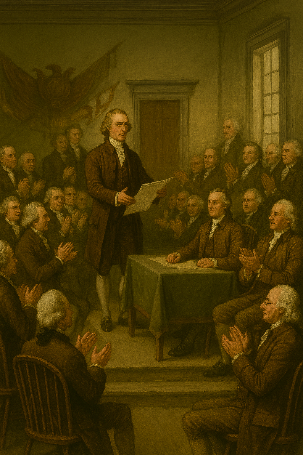 The Continental Congress meeting on July 4th, 1776. One man is speaking and the others are applauding.