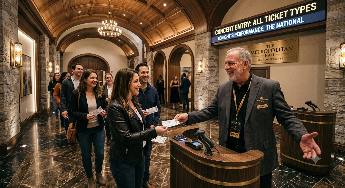 A ticket taker at a concert hall greets the ticket holders with a smile.