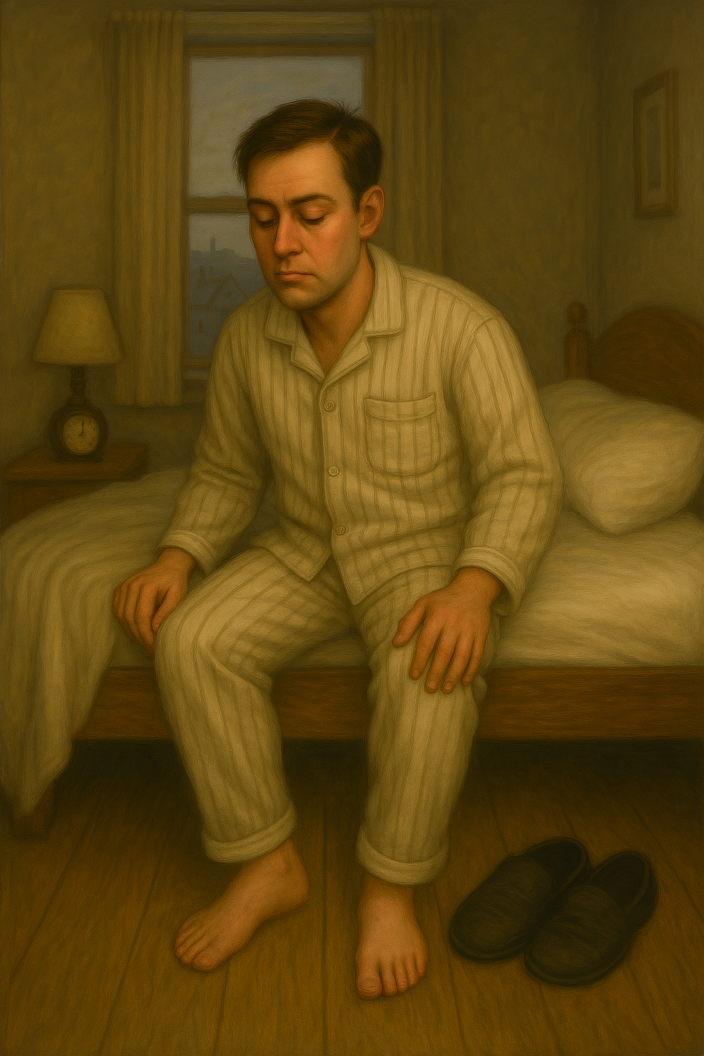 A young man in pajamas is getting out of bed to go to work.