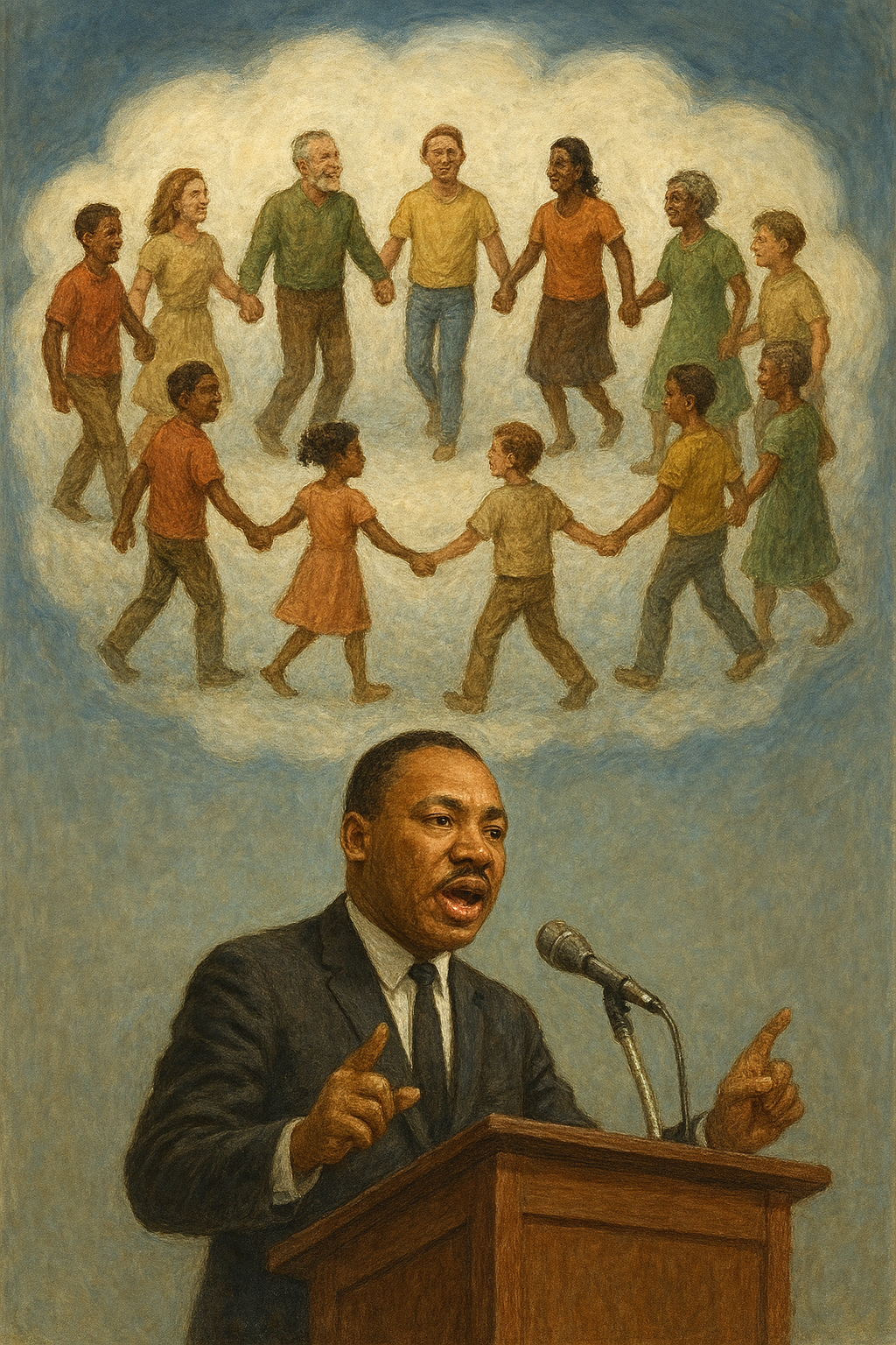 Martin Luther King, Jr., is speaking on a podium. A mixed-race-and-ages circle is holding hands and dancing in a cloud above his head.