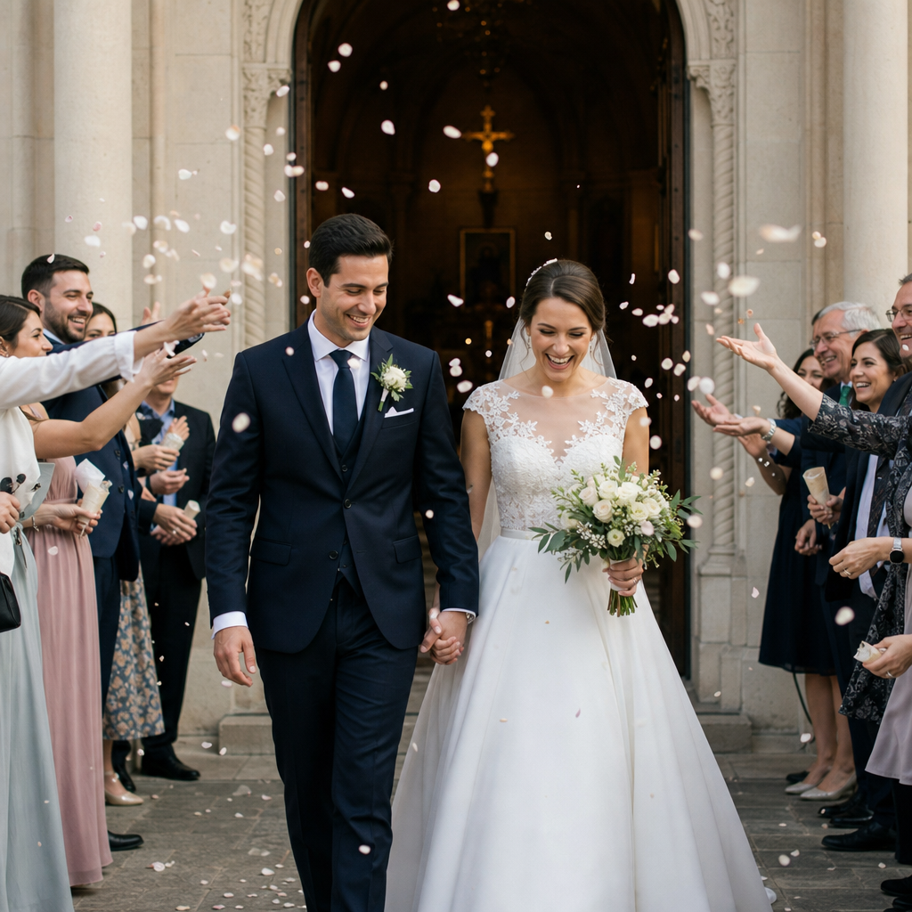 A couple leaves the wedding chapel to the cheers and confetti of their friends and families.