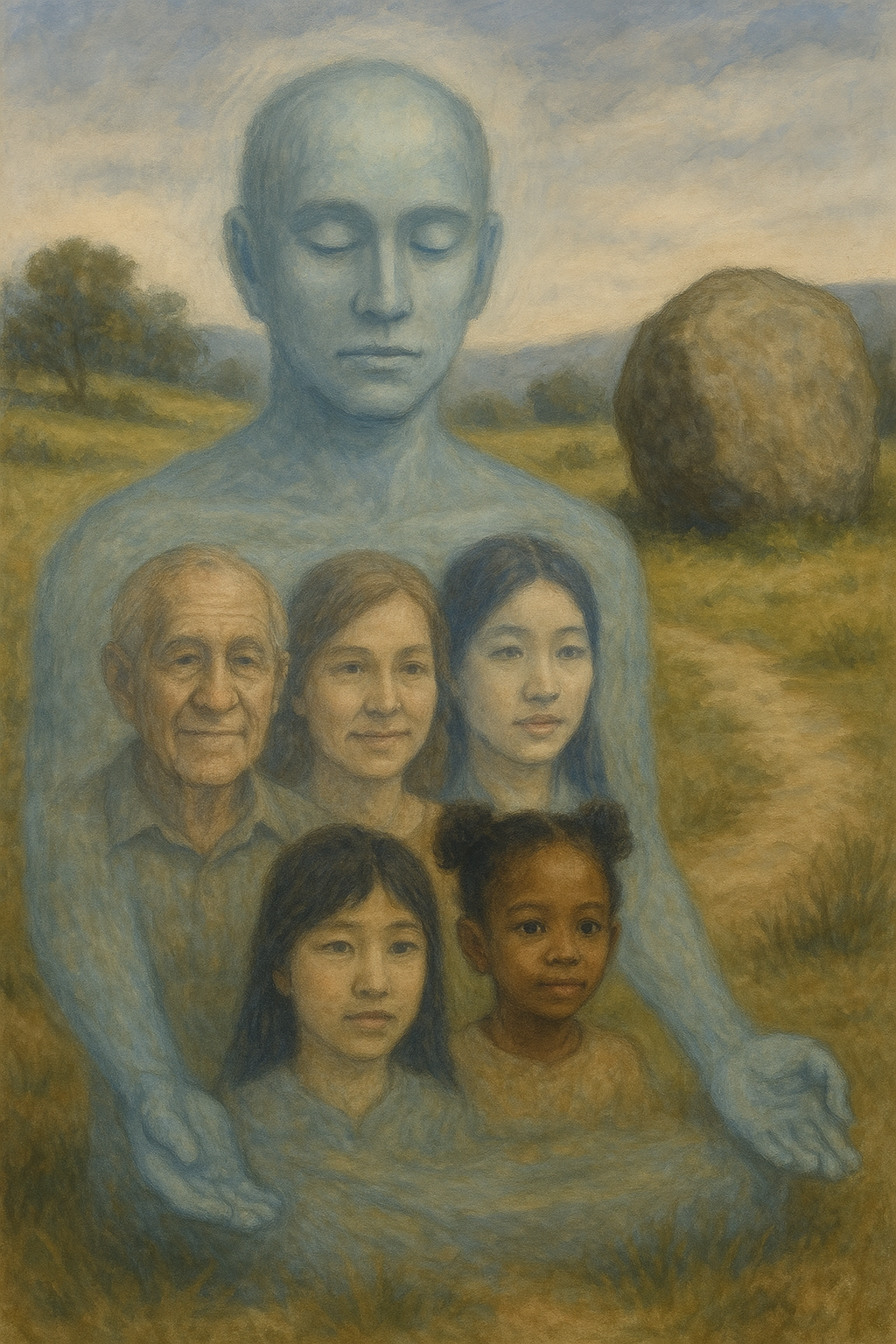 A transparent meditator with a variety of people seated within him. A large boulder sits to his left near a path behind him.