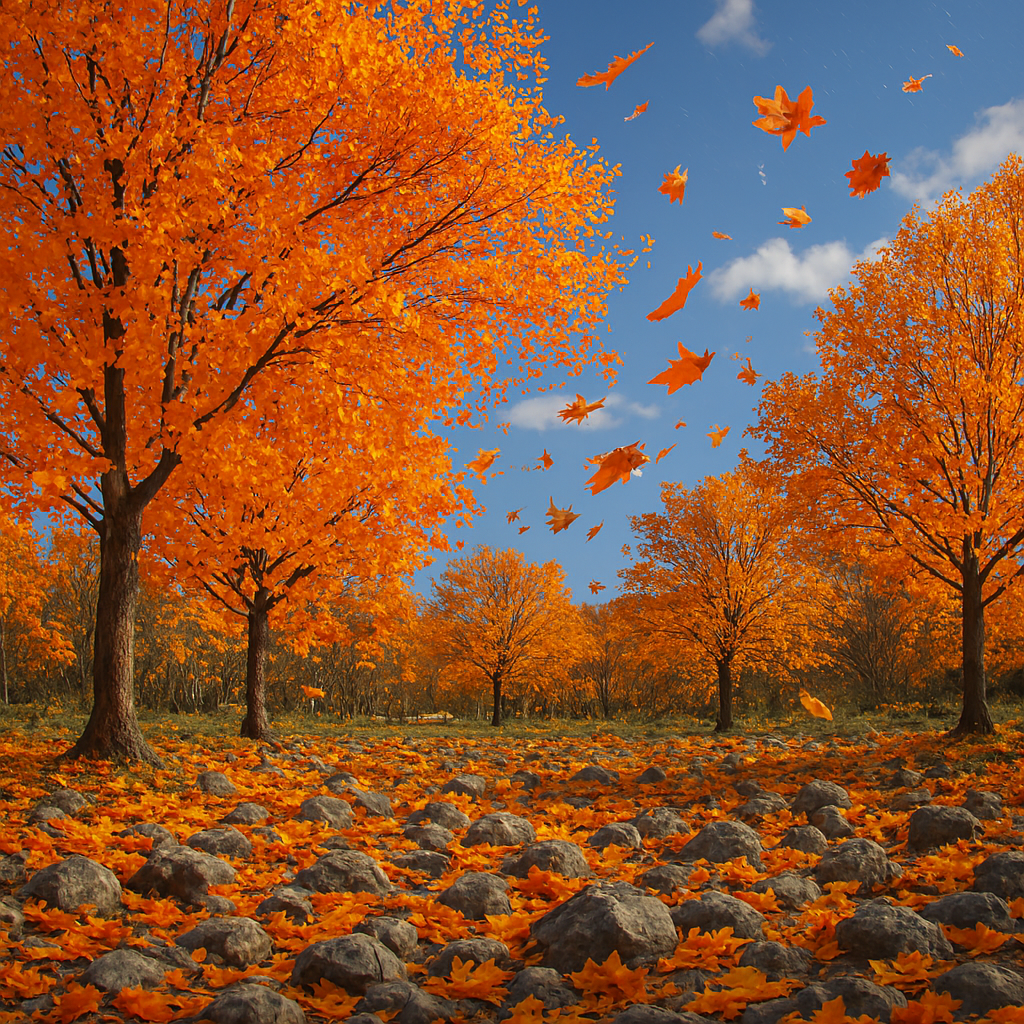 An October day with the trees covered in brightly colored leaves, some swirling in the wind, some on the stony ground.