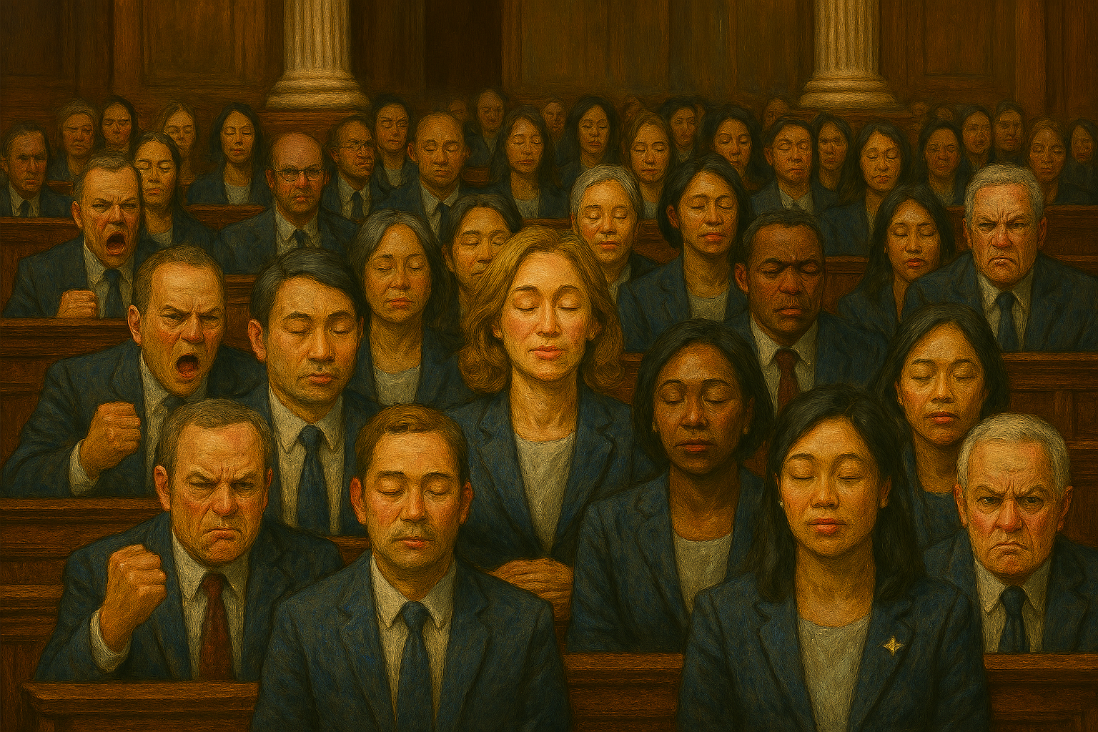 A crowd sitting on wooden benches, some eyes closed, some with clenched fists and angry faces.