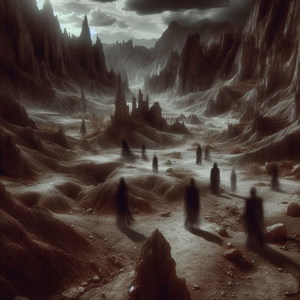 A desolate landscape with ghostlike figures wandering through it.