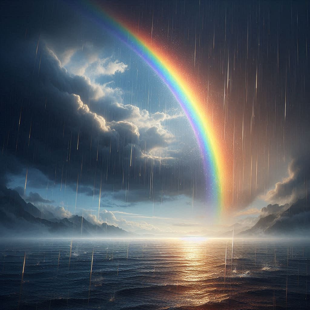 A partial rainbow behind raindrops over ocean water.