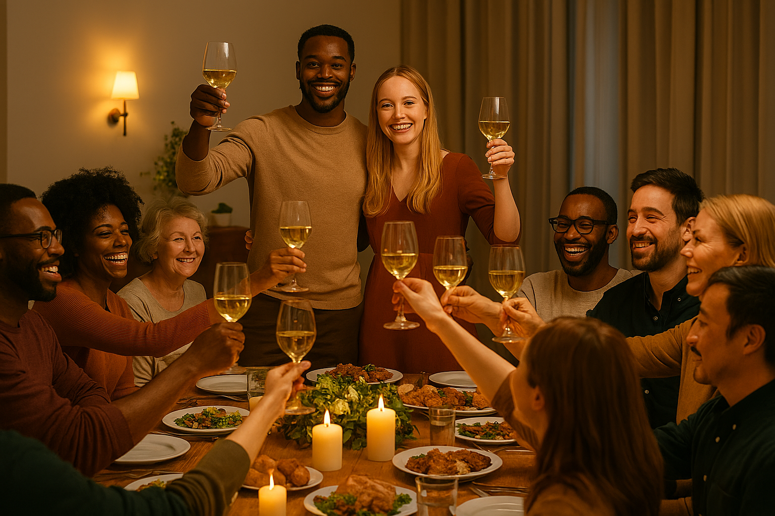 A couple stands at the head of a dinner table surrounded by family and raising glasses of wine to toast their anniversary.