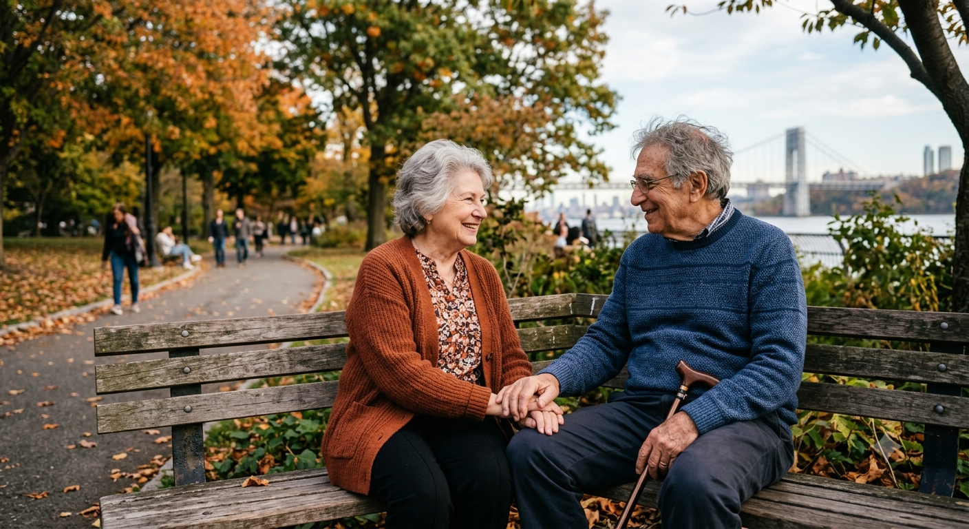 An elderly couple hold hands while sitting on a park bench.
