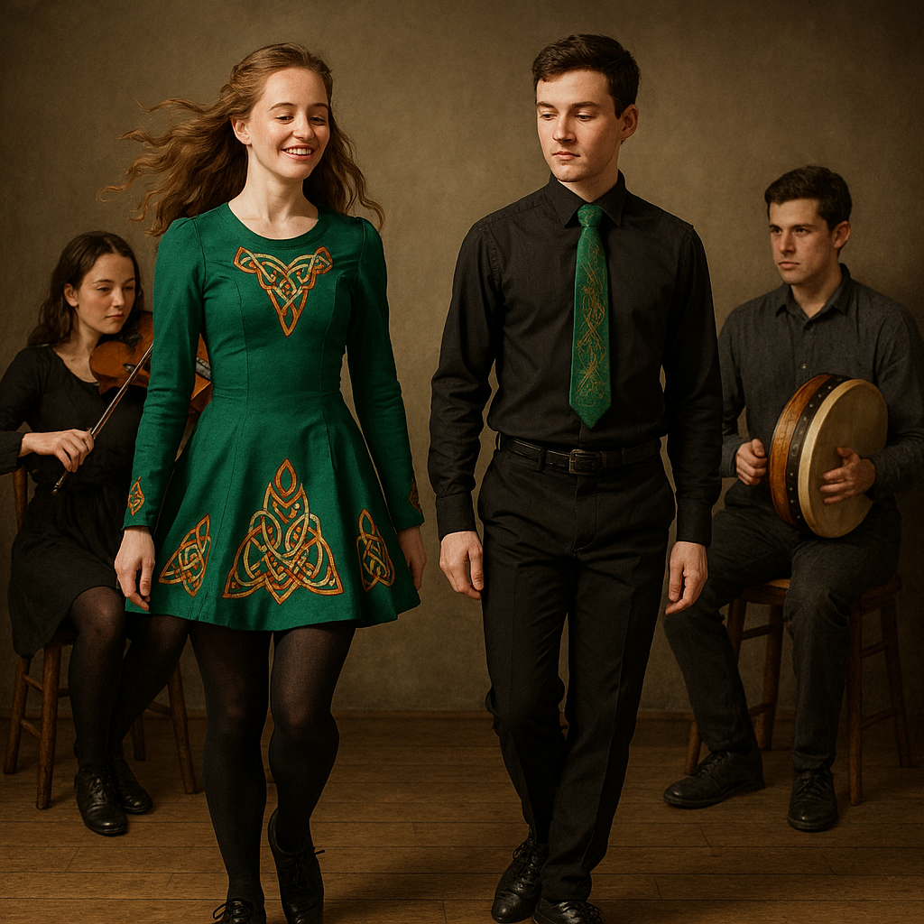 Two Irish dancers dance to music played by two Irish musicians.