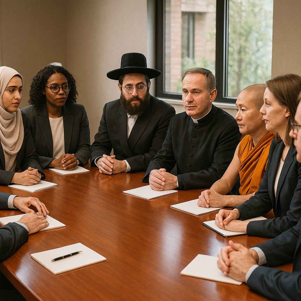 Eight people of a variety of races, religions, and genders, sitting around a table with a pen a paper in front of each of them.