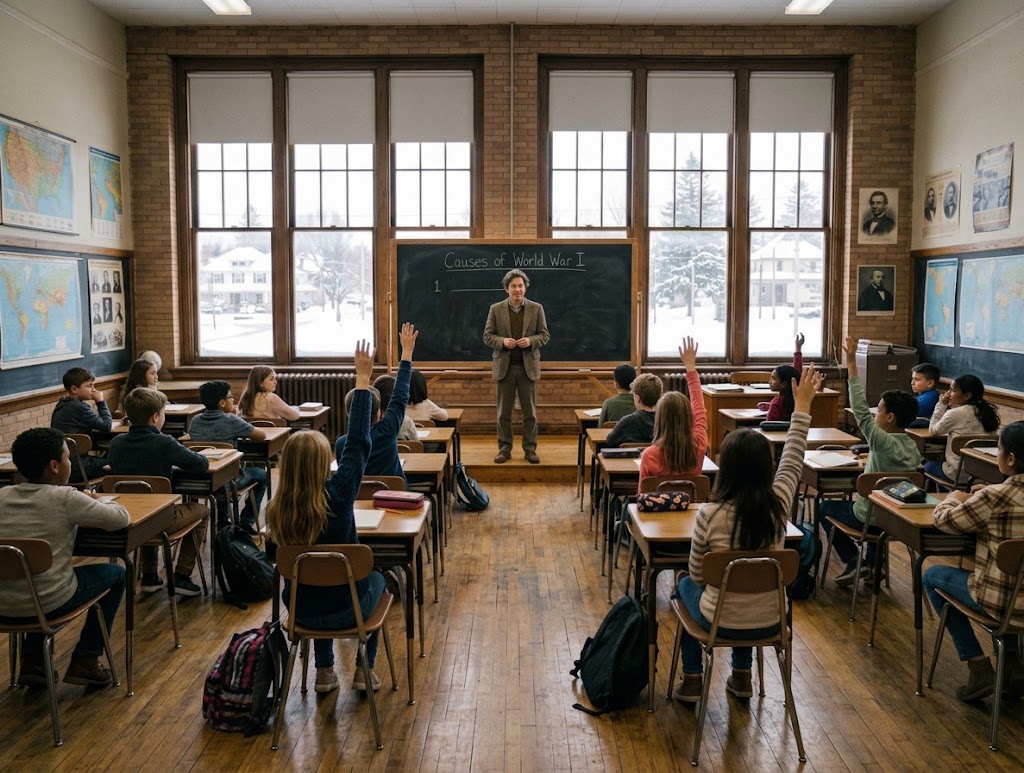 A teacher stands in front of a class of about thirty 12-year-old students. Some students have raised their hands to answer a question.