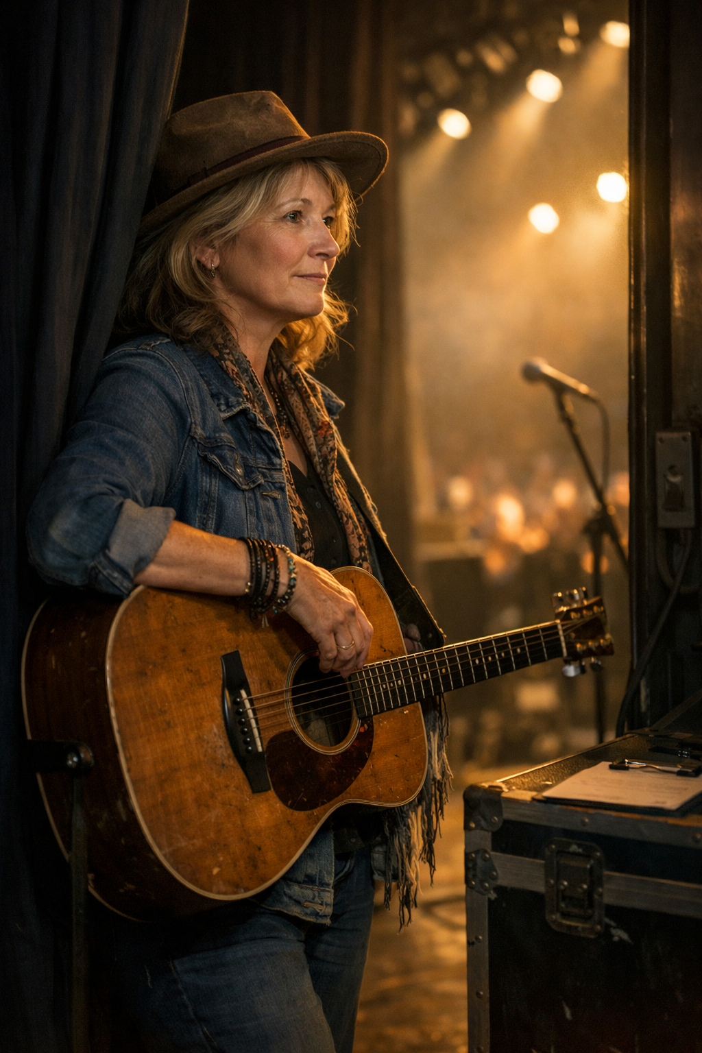 A female, middle-aged folksinger with her guitar waits in the wings just before going onstage.