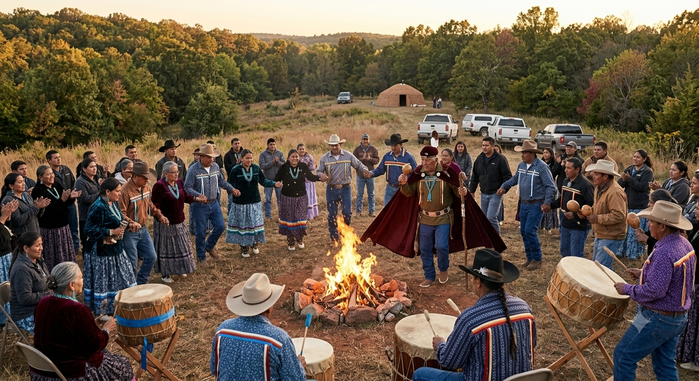 A group of Native Americans form two large circles around a ceremonial fire in an open field, some playing on drums, some playing other instruments, some dancing. 