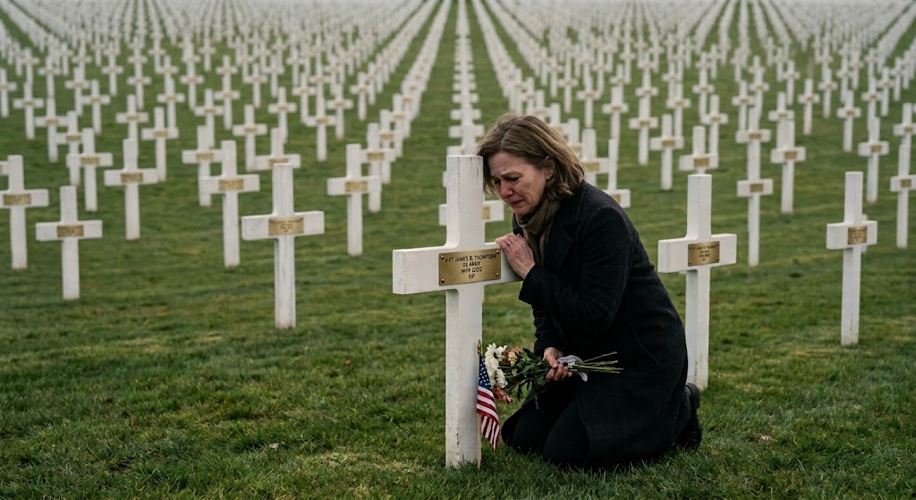 A mother weeps by a cross in a large field of white crosses.