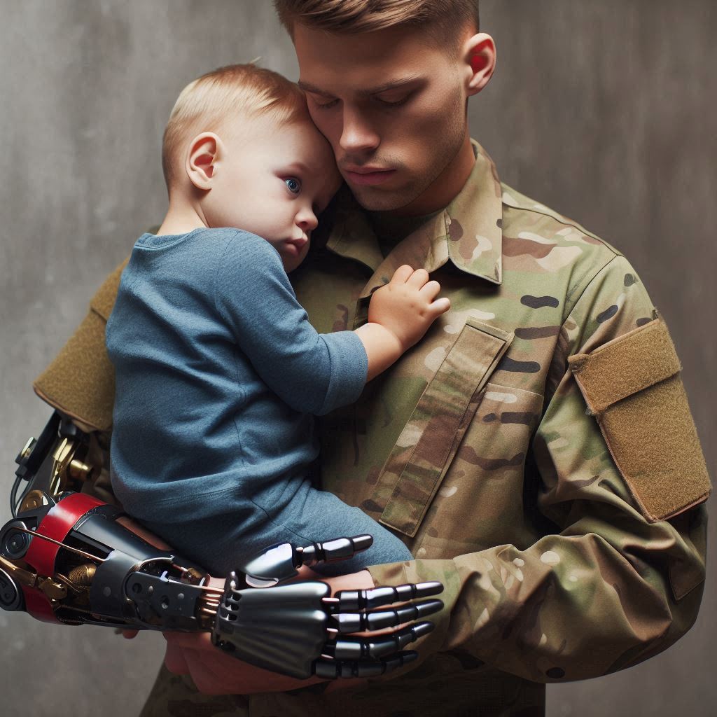 Veteran holding a child in his artificial arm