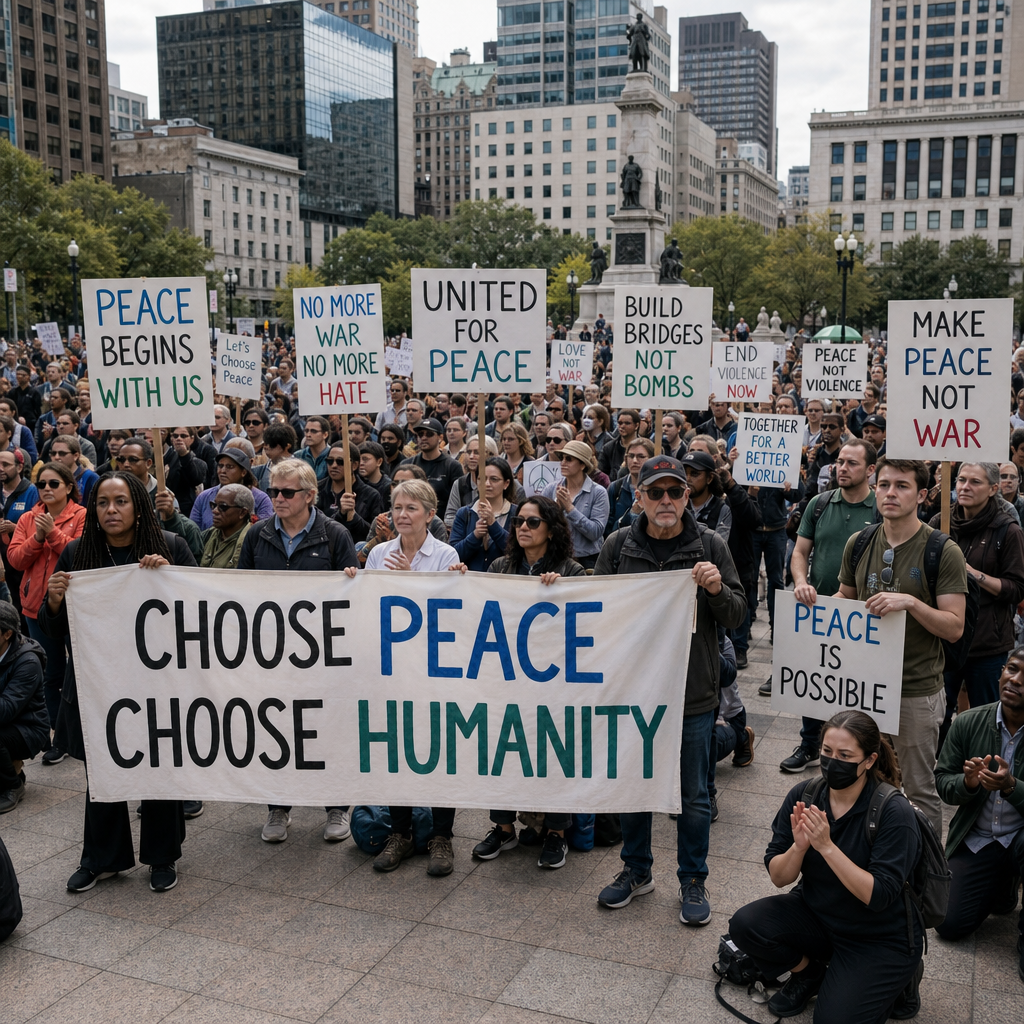 A large peace demonstration with lots of slogans on signs.