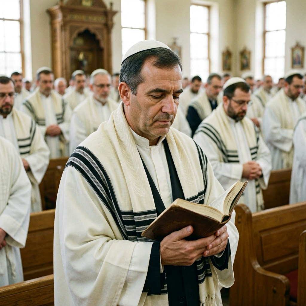 A man wearing a yamulka and prayer shawl stands praying with the congregation on Yom Kippur.