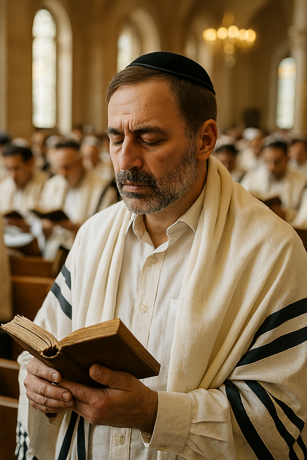 A closeup of a man praying in a synagogue on Yom Kippur.
